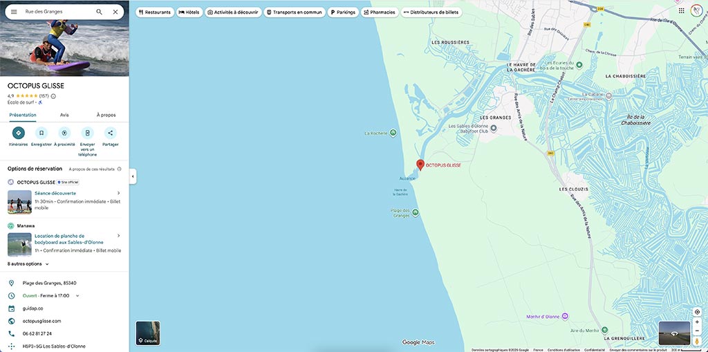 plan itineraire ecole surf octopus les sables vendee